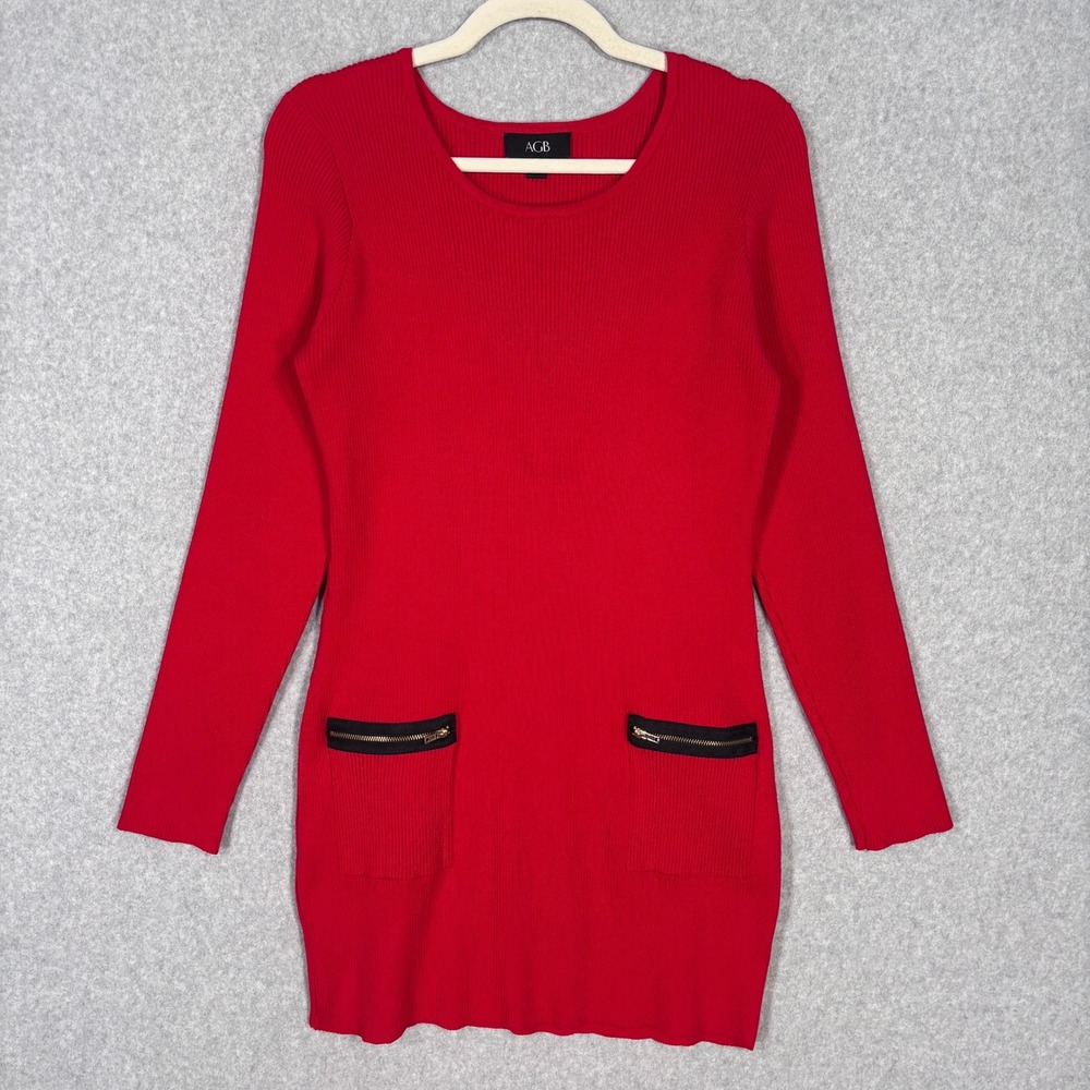 AGB Ribbed Knit Sweater Dress XL Gold Zipper Pockets Old Money Preppy Classic